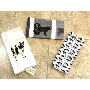 Lot of 3 New Kitchen Towels Cow Theme Pamela Cassidy Pasture Elias Cow Farmhouse